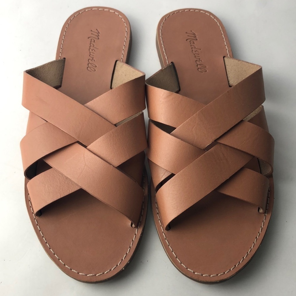 Madewell Cognac Brown Leather Crisscross Slide Sandals